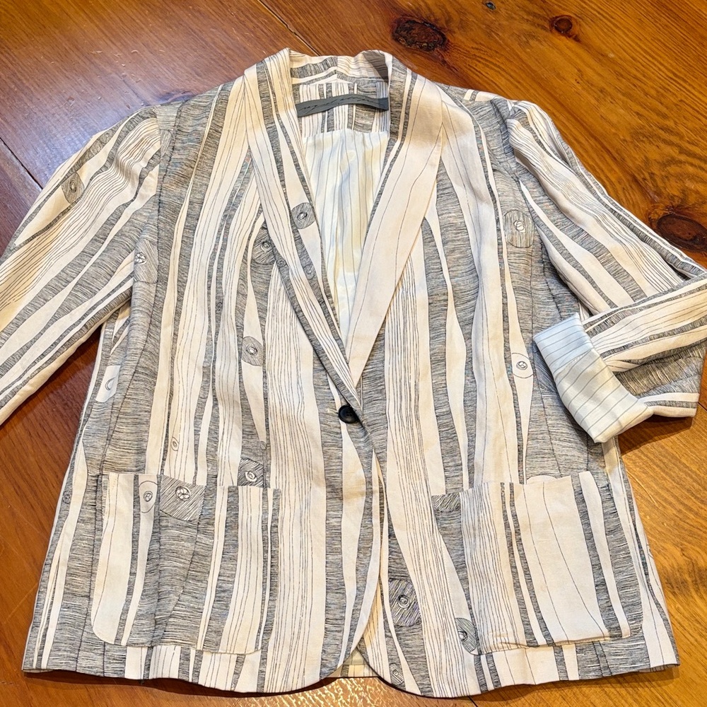 RAQUEL ALLEGRA 0 White/Gray Mod Modern Fine Line Print Blazer Jacket Silk Lined